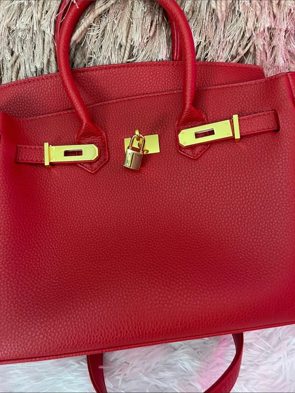 Red Women's Structured Satchel Handbag with Gold Hardware